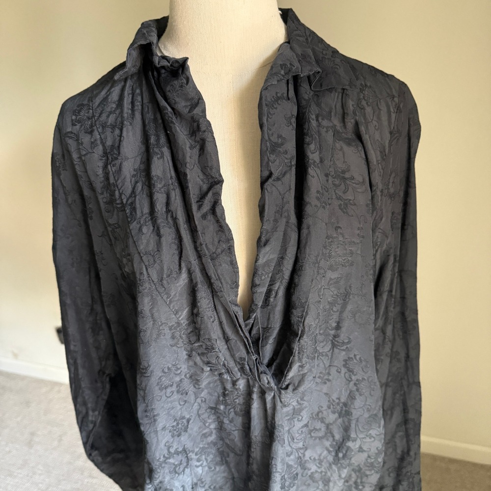 CP Shades Silk Navy Floral Damask Long Sleeve Collared Blouse Top Medium - Picture 5 of 11